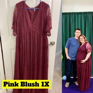 Pink Blush 1X burgundy lace mesh overlay maternity maxi dress EUC